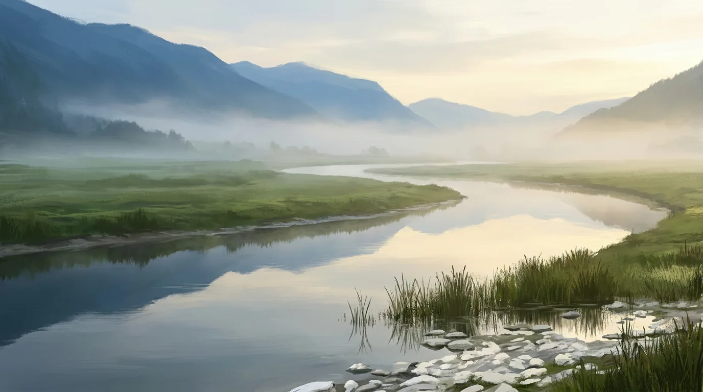 A painted wide river winding through a misty green valley toward distant blue mountains at first light